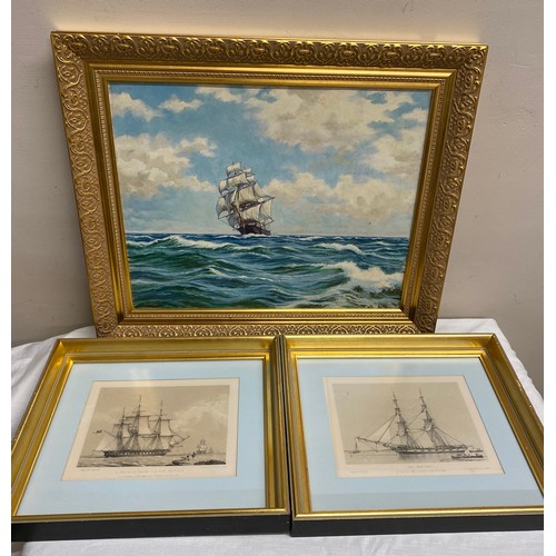 1111 - Oil on board of ship at sea signed Sidney Lee L L together with 2 x John Ward prints.