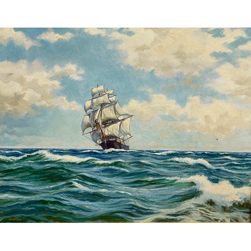 1111 - Oil on board of ship at sea signed Sidney Lee L L together with 2 x John Ward prints.