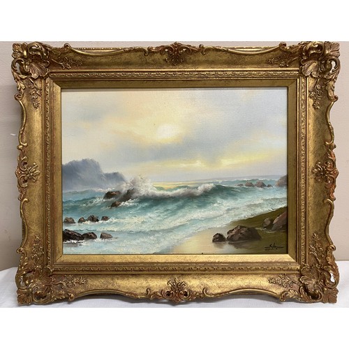 1114 - Oil on canvas of seascape in gilt frame 29 x 39cm signed indistinctly lower right.