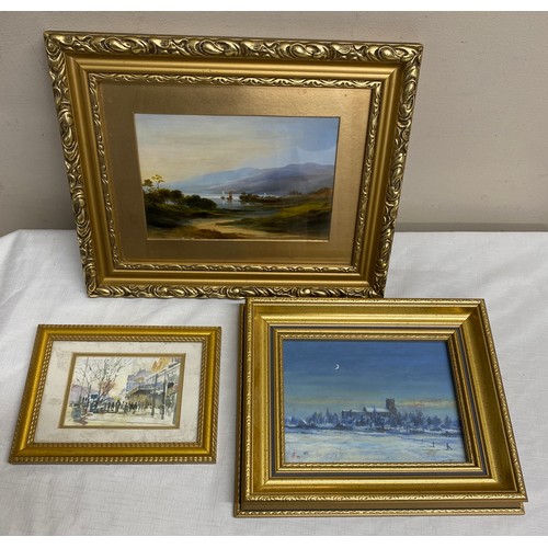 1115 - Two oils on board and a watercolour all in gilt frames. Largest 14 x 21.5cm.