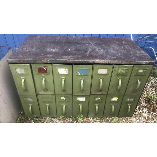 1270 - Three industrial steel multi drawer storage cabinets. 14 drawers each, one with steel top. 108 w x 5... 