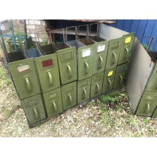 1270 - Three industrial steel multi drawer storage cabinets. 14 drawers each, one with steel top. 108 w x 5... 