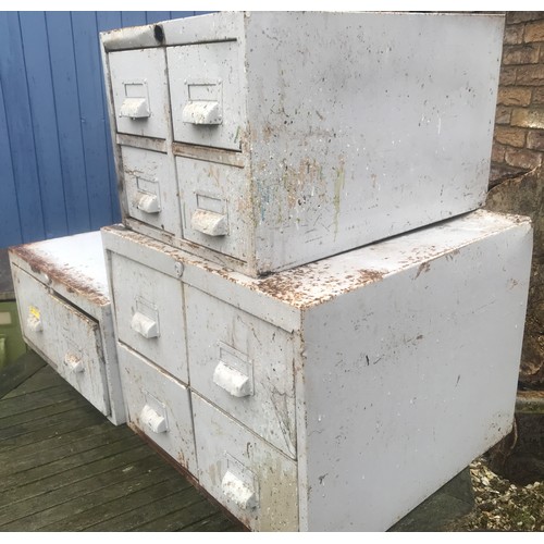 1271 - Steel grey painted index drawers, small four drawer. 36cm w, large 50cm w, 2 drawer 53cm w.