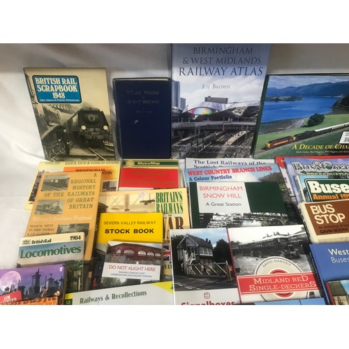 617 - A large collection of books with railway and buses theme, hardback and soft.