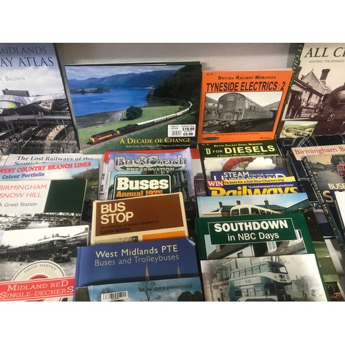 617 - A large collection of books with railway and buses theme, hardback and soft.