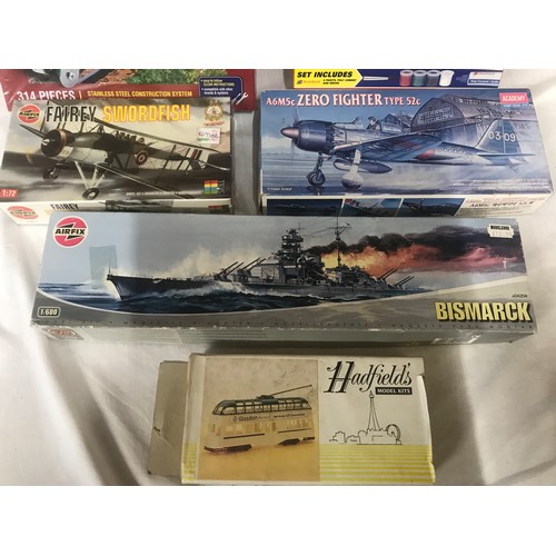 734 - Model kits, Airfix A04204 Bismarck, 02071 Fairey Swordfish, A91030 Messerscmitt Me262A, Hadfields Tr... 