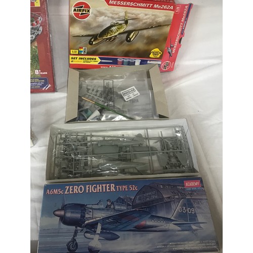 734 - Model kits, Airfix A04204 Bismarck, 02071 Fairey Swordfish, A91030 Messerscmitt Me262A, Hadfields Tr... 