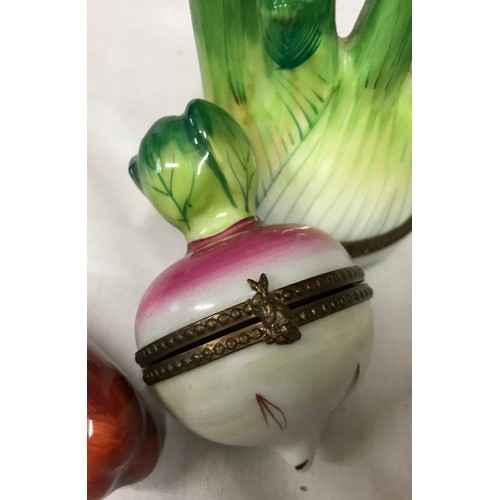 178 - Three Limoges vegetable ceramic trinket boxes in the form of radish, red pepper and fennel.