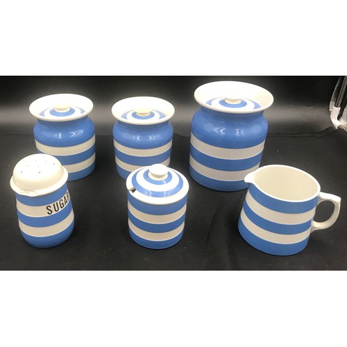 183 - TG green , blue and white Cornish ware storage jars 15cm and 2 x 12cm h, preserve jar 11cm h, jug 9c... 