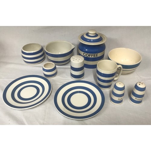 184 - Blue and white Cornish ware various makes, Leonardo mixing bowl 14cm w, Cloverleaf coffee container ... 