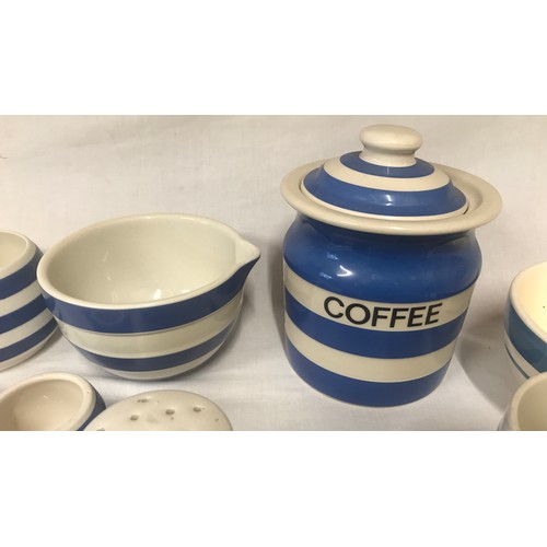 184 - Blue and white Cornish ware various makes, Leonardo mixing bowl 14cm w, Cloverleaf coffee container ... 