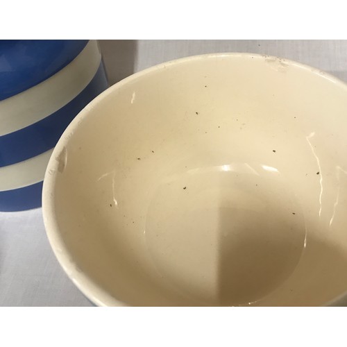 184 - Blue and white Cornish ware various makes, Leonardo mixing bowl 14cm w, Cloverleaf coffee container ... 