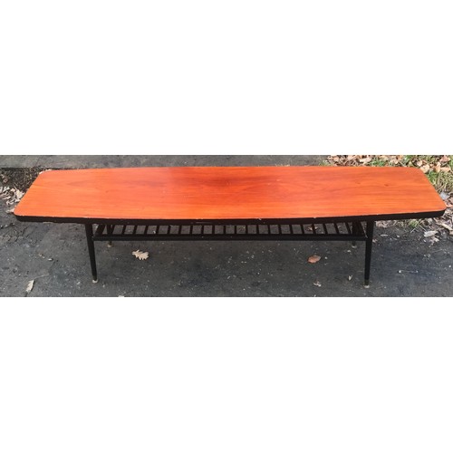 1203 - Mid century teak topped long coffee table, black painted base and shelf under. 179 l x 40 d x 50cm h... 