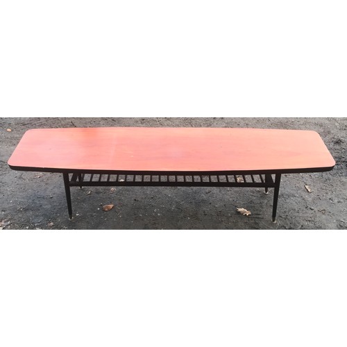 1203 - Mid century teak topped long coffee table, black painted base and shelf under. 179 l x 40 d x 50cm h... 