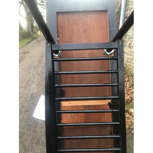 1203 - Mid century teak topped long coffee table, black painted base and shelf under. 179 l x 40 d x 50cm h... 