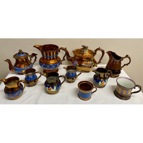 115 - 19thC Copper lustre ware to include 7 x jugs, 2 x teapots and 2 x mugs.