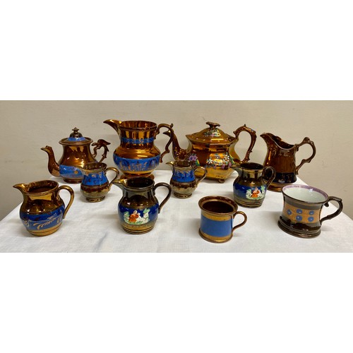 115 - 19thC Copper lustre ware to include 7 x jugs, 2 x teapots and 2 x mugs.