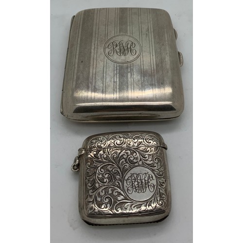 442 - Silver cigarette case Birmingham 1918 J C Ltd together with a silver vesta case Birmingham 1921 with... 