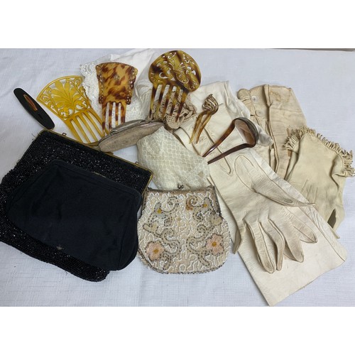 501 - A selection of late 19thC/early 20thC leather gloves, hair slides, 2 beaded bags, 2 nail buffers to ... 