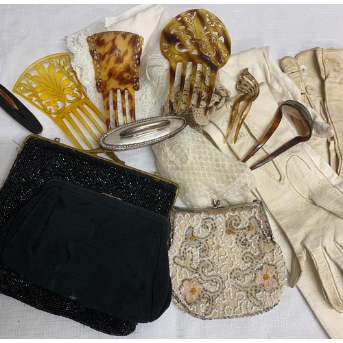 501 - A selection of late 19thC/early 20thC leather gloves, hair slides, 2 beaded bags, 2 nail buffers to ... 