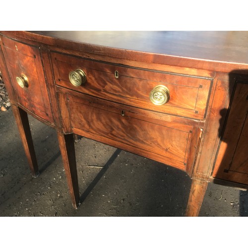 1133 - A 19thC mahogany bow front inlaid sideboard with cellarette drawer. 57 d x 137 w x 91cm h.