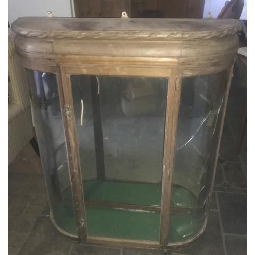 1134 - Mahogany bow front mirror backed display cabinet for restoration. 100 w x 31 d x 120cm h.