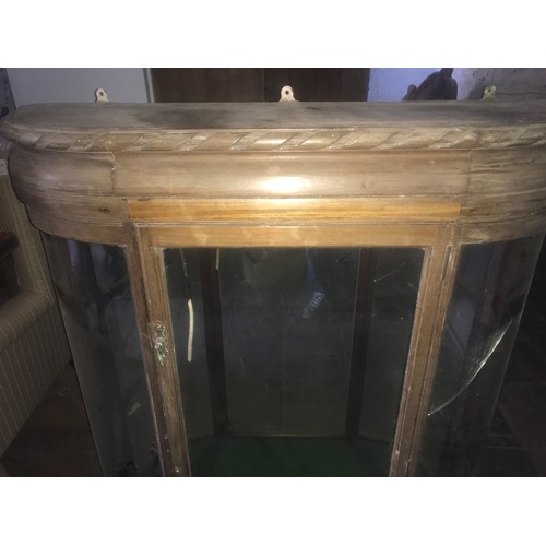 1134 - Mahogany bow front mirror backed display cabinet for restoration. 100 w x 31 d x 120cm h.