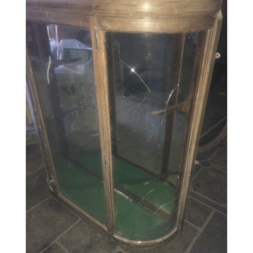 1134 - Mahogany bow front mirror backed display cabinet for restoration. 100 w x 31 d x 120cm h.