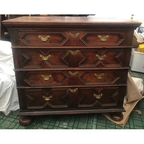 1120 - Eighteenth century walnut 4 height chest of drawers on bun feet with brass fittings. 99 w x 61 d x 9... 