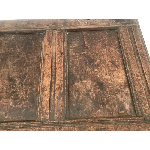 1128 - Eighteenth century oak coffer, carved panels to front, 123 w 60 d x 71cm h.