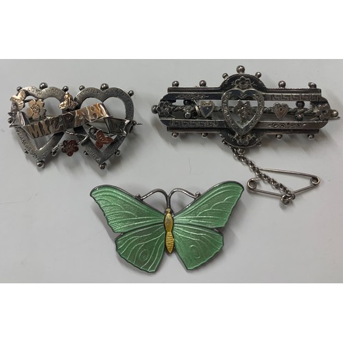 435 - Three silver brooches to include sterling silver and enamel butterfly, Mizpah brooch Birmingham 1902... 