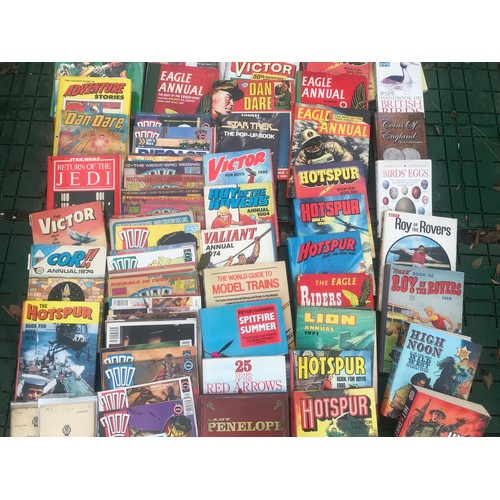 610 - A large collection of annuals and comics. Dan Dare hardback books, Eagle, 2000AD, Victor, Valiant, H... 