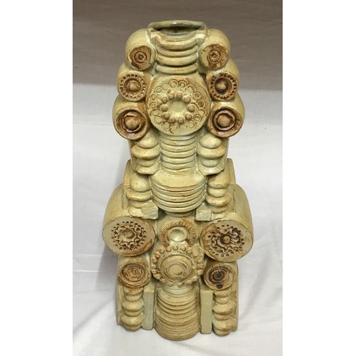 109 - Bernard Rooke studio pottery stoneware vase with circular motifs. 45cm h x 21cm w. Originally purcha... 