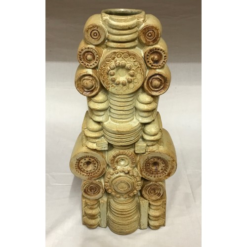 109 - Bernard Rooke studio pottery stoneware vase with circular motifs. 45cm h x 21cm w. Originally purcha... 