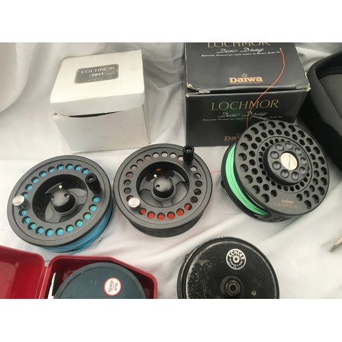 766 - Fly fishing, selection of reels. Daiwa Loctimor 1011, Roddy 310. condex, Abu Garcia fixed spool and ... 