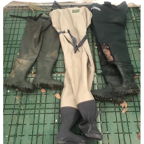 768 - Three pairs of waders, thigh waders size 8, Ron Thompson hip waders size 8 with bag and a pair of Or... 