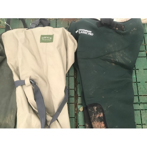 768 - Three pairs of waders, thigh waders size 8, Ron Thompson hip waders size 8 with bag and a pair of Or... 