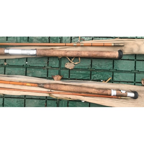 771 - Fly fishing rods, A E Rudge cane 2 piece 11ft and a Wells Rods fibre glass 2 piece 10ft. With bags a... 