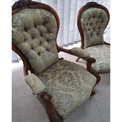 1150 - Two 19thC walnut framed chairs, one an open armchair, the other a nursing chair, both with button ba... 