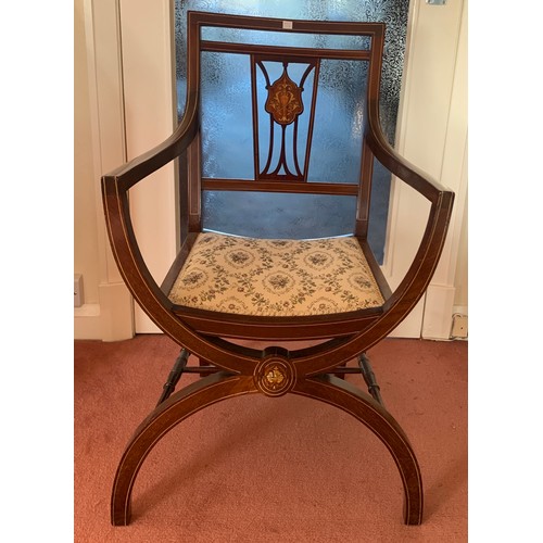 1156 - Mahogany and inlaid armchair with upholstered seat.