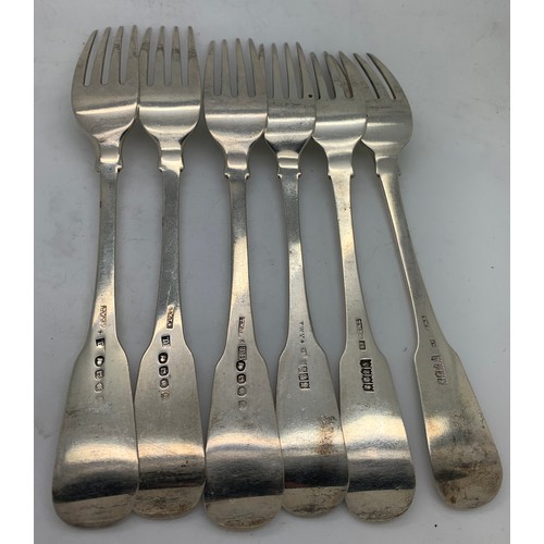 448 - Six silver table forks, 3 x London 1806 maker T.B, 3 x Dublin 1819 maker I.S. Total weight 418.6gm.