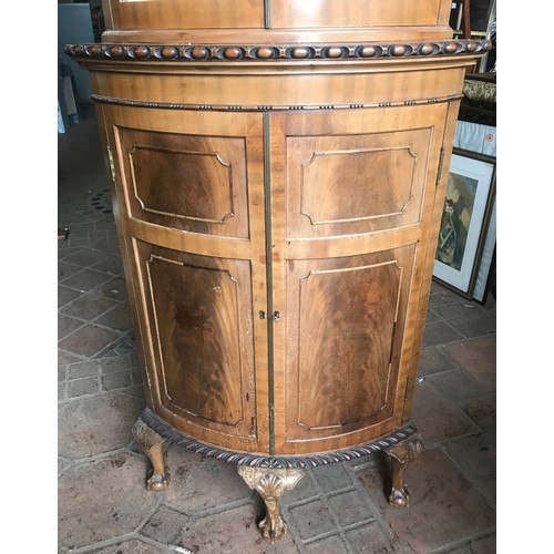 1174 - Walnut bow front corner cabinet, 2 glazed door top, 2 door base, claw and ball feet.