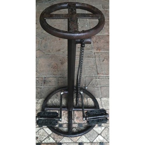 1278 - An upcycled plant stand, bicycle pedal and chain on metal base. 70cm h.