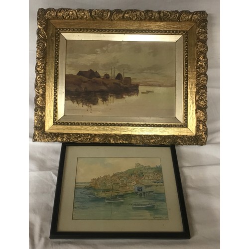 1119 - A gilt framed oil on canvas of a coastal scene unsigned, canvas signed 18 h x 26cm w and a small fra... 