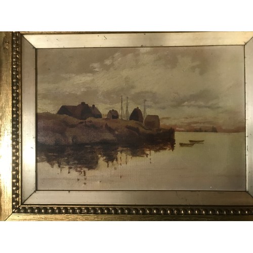 1119 - A gilt framed oil on canvas of a coastal scene unsigned, canvas signed 18 h x 26cm w and a small fra... 