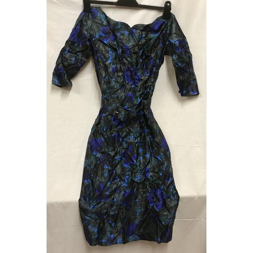 510 - A 1950's handmade silk dress, blue and green floral design with a belt. Length 101cm, waist approx. ... 