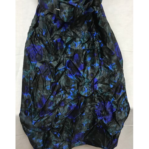 510 - A 1950's handmade silk dress, blue and green floral design with a belt. Length 101cm, waist approx. ... 