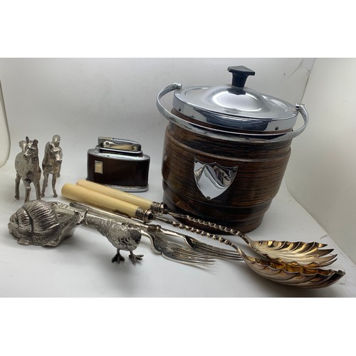 451 - Miscellany to include wooden biscuit barrel, pleated salad servers, Ronson Senator table lighter, pl... 