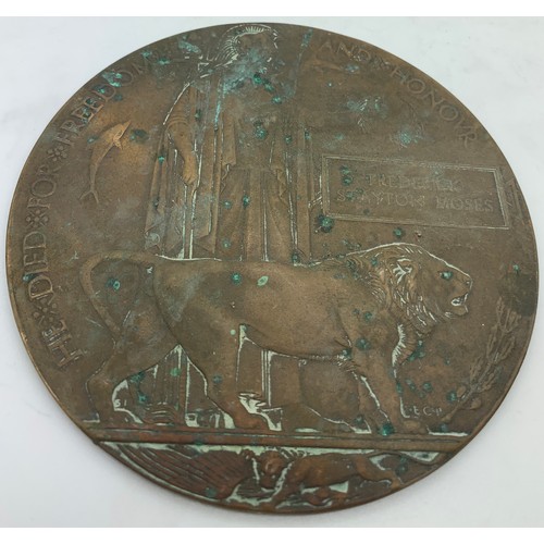 700 - A WWI bronze memorial plaque or 'Death Penny' awarded posthumously in commemoration of Frederick Sta... 