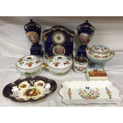 102 - Mixed pottery selection, garniture clock set, clock 26cm h, 2 Royal Worcester Evesham tureens 18.5cm... 